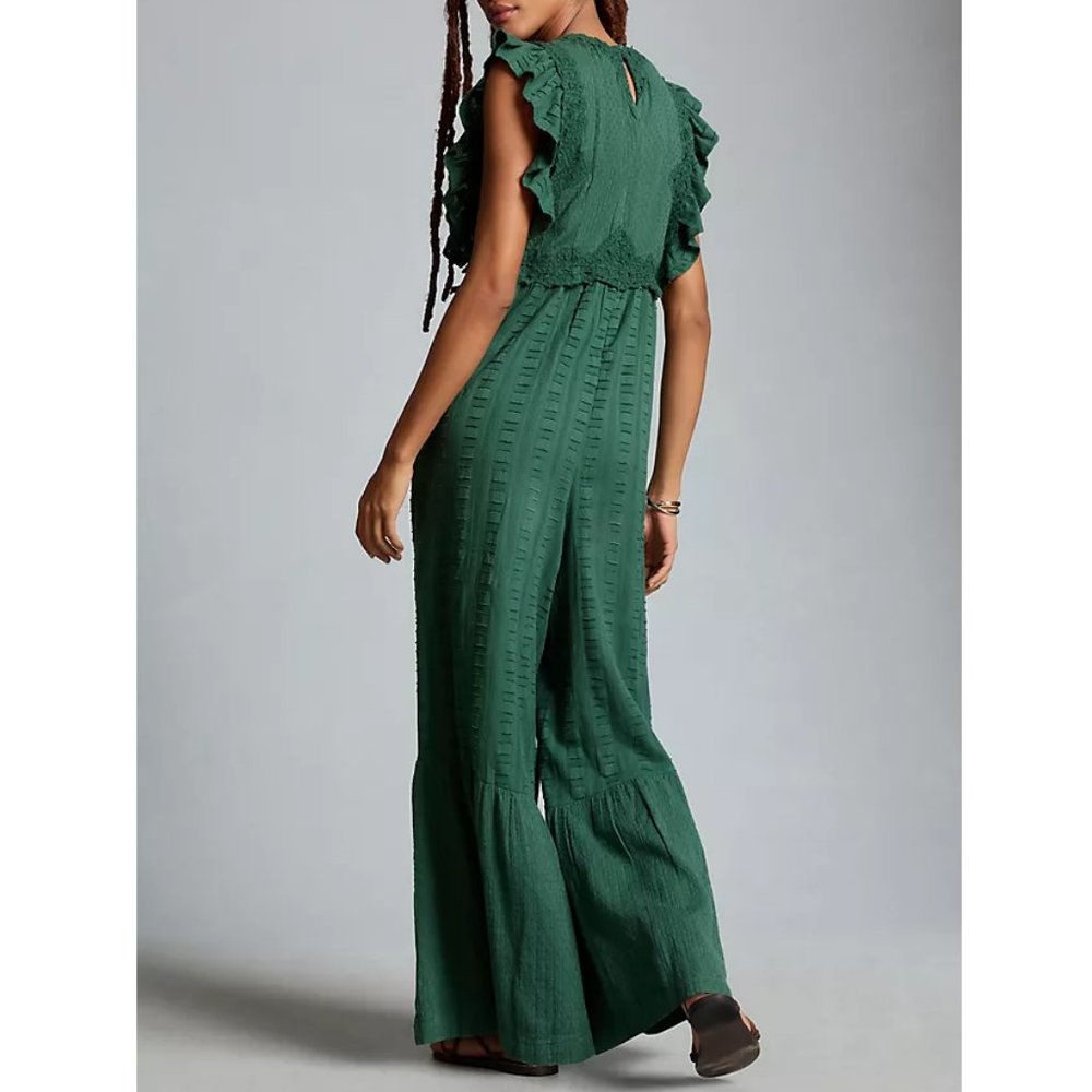 By Anthropologie Embroidered Flounce Jumpsuit Green Blue Sage XS - Picture 2 of 10